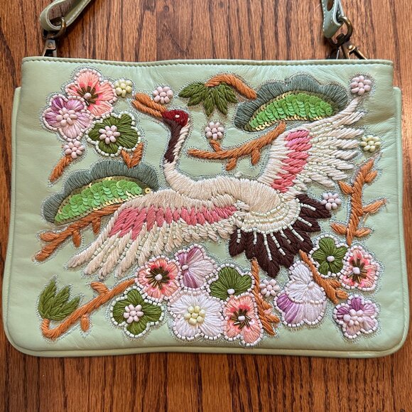 Raj LA Handbags - Raj LA Embroidered Beaded Crossbody Bag Light Green Leather New